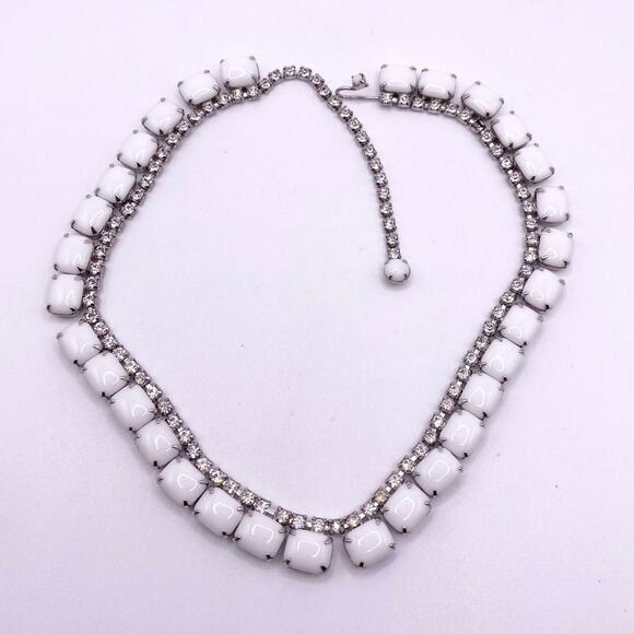 Delicate Vintage Milk Glass and Rhinestones Necklace 16” - Picture 5 of 5